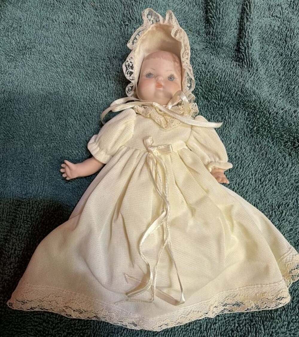 Vintage Porcelain Baby Doll in Yellow Dress with Bonnet